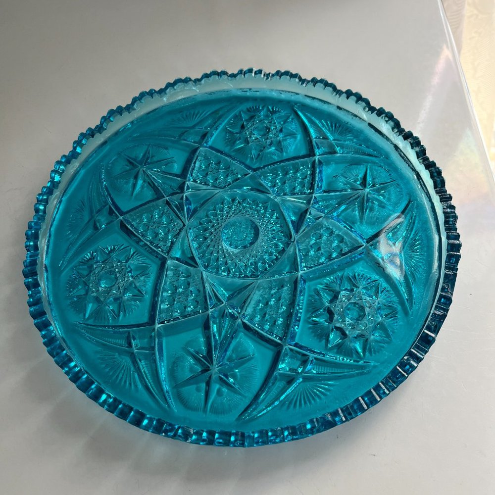 2 Pieces Bundle of Bright Blue Cut Glass- Plate and Candy Dish - Picture 11 of 11
